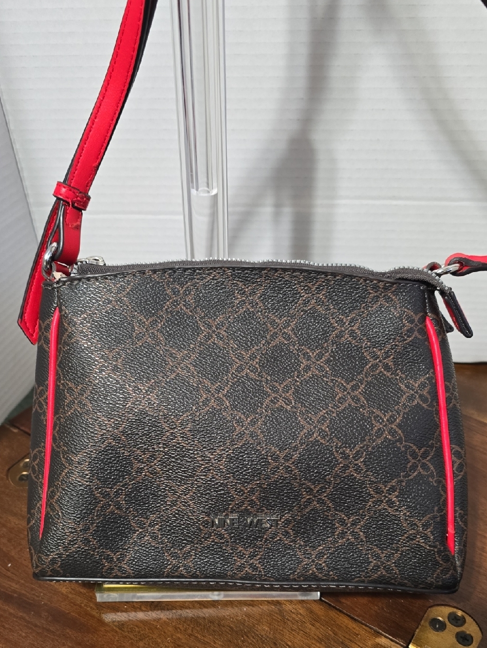 Nine West Brown Monogram Crossbody with Red Trim